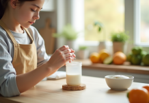 Jeune maman mesurant 150 ml de lait dans un biberon lumineux