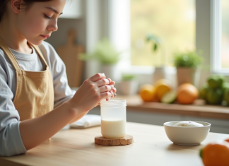 Jeune maman mesurant 150 ml de lait dans un biberon lumineux