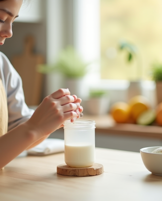 Jeune maman mesurant 150 ml de lait dans un biberon lumineux