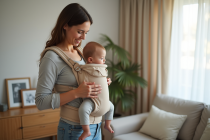 Jeune maman portant bébé dans un porte-bébé ergonomique