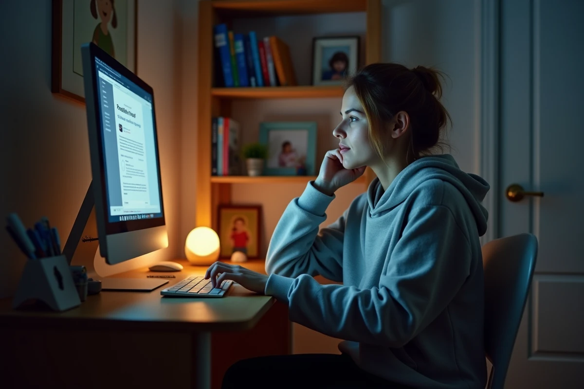 Maman seule le soir à son bureau lisant un article du blog mama-bears.fr pour trouver du soutien parental