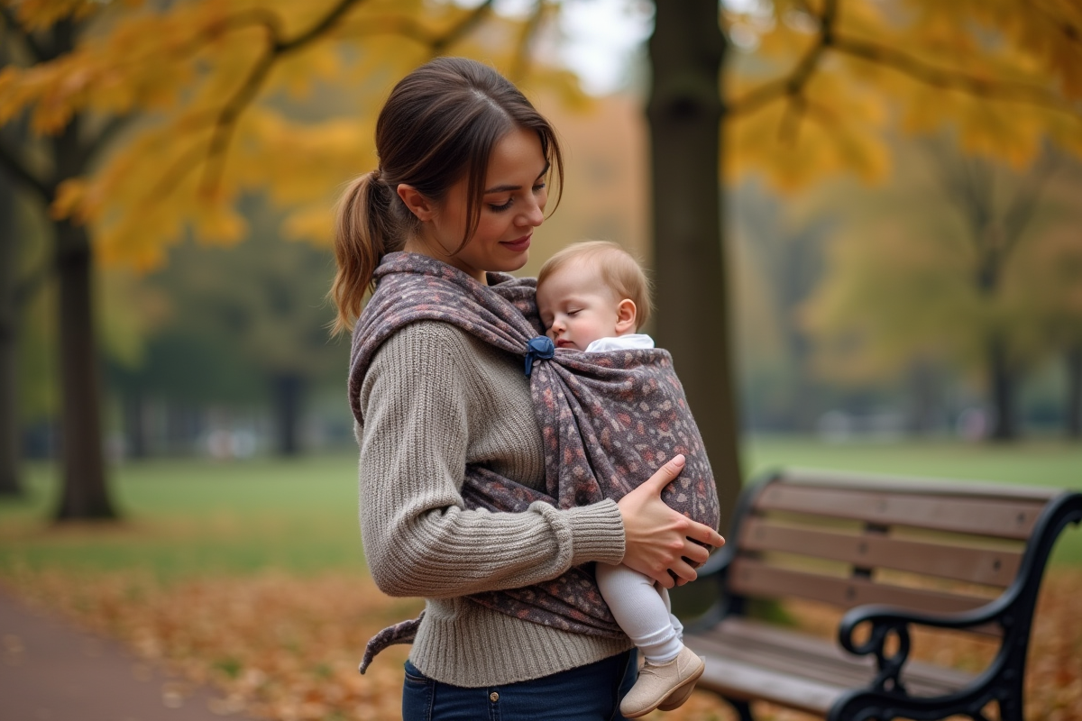 Maman enveloppant son bébé endormi dans un sling en plein air