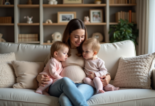 Annoncez-vous avec des jumeaux : quand dévoiler votre deuxième grossesse ? Maman avec ses jumeaux dans un salon chaleureux