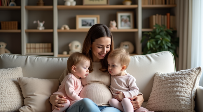 Maman avec ses jumeaux dans un salon chaleureux