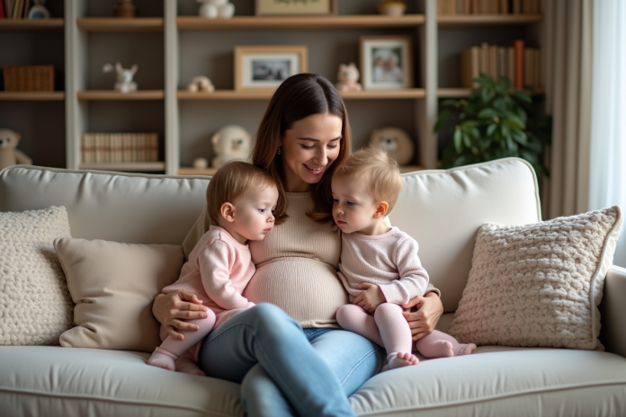 Maman avec ses jumeaux dans un salon chaleureux