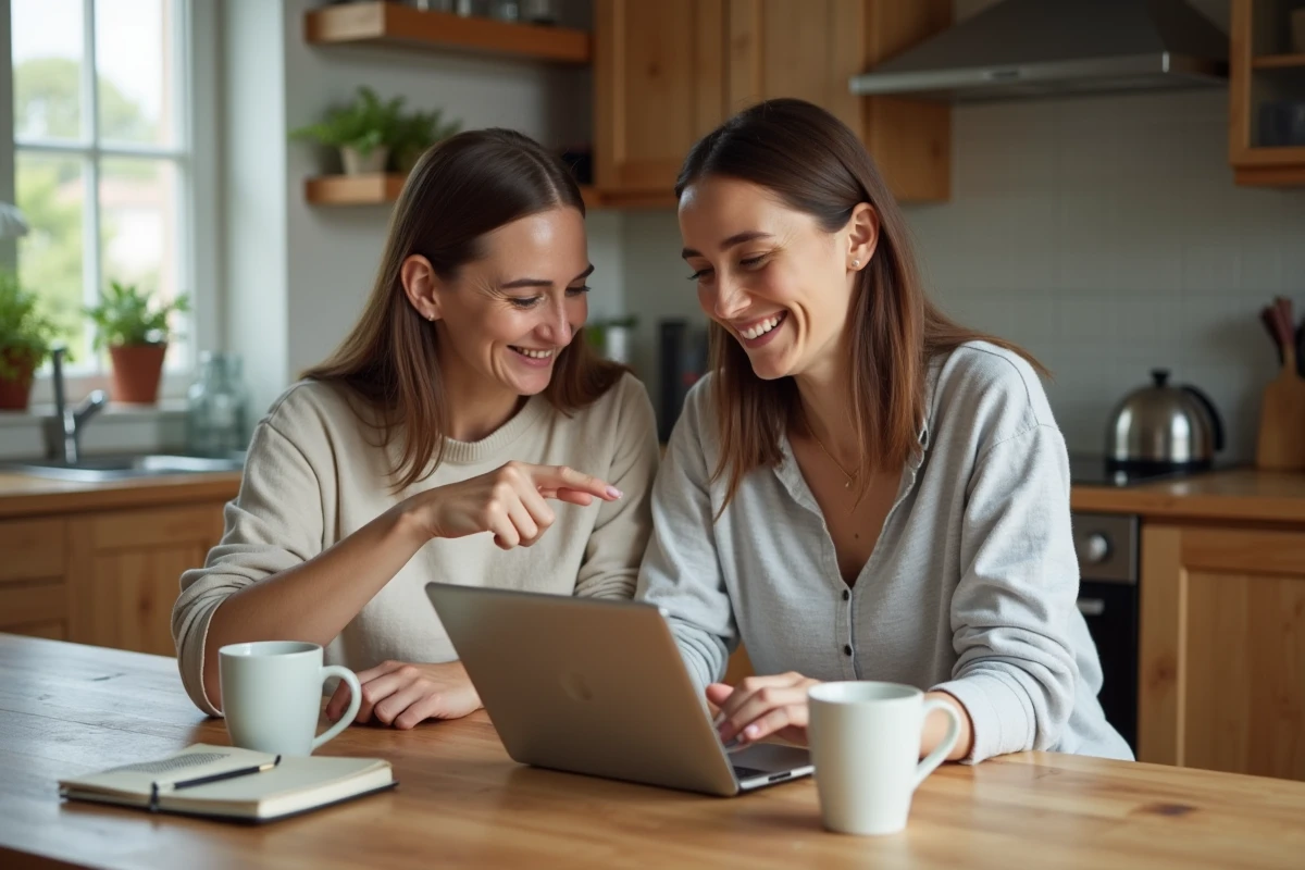 Deux mamans partageant des conseils parentaux autour d'une tablette dans une cuisine familiale chaleureuse