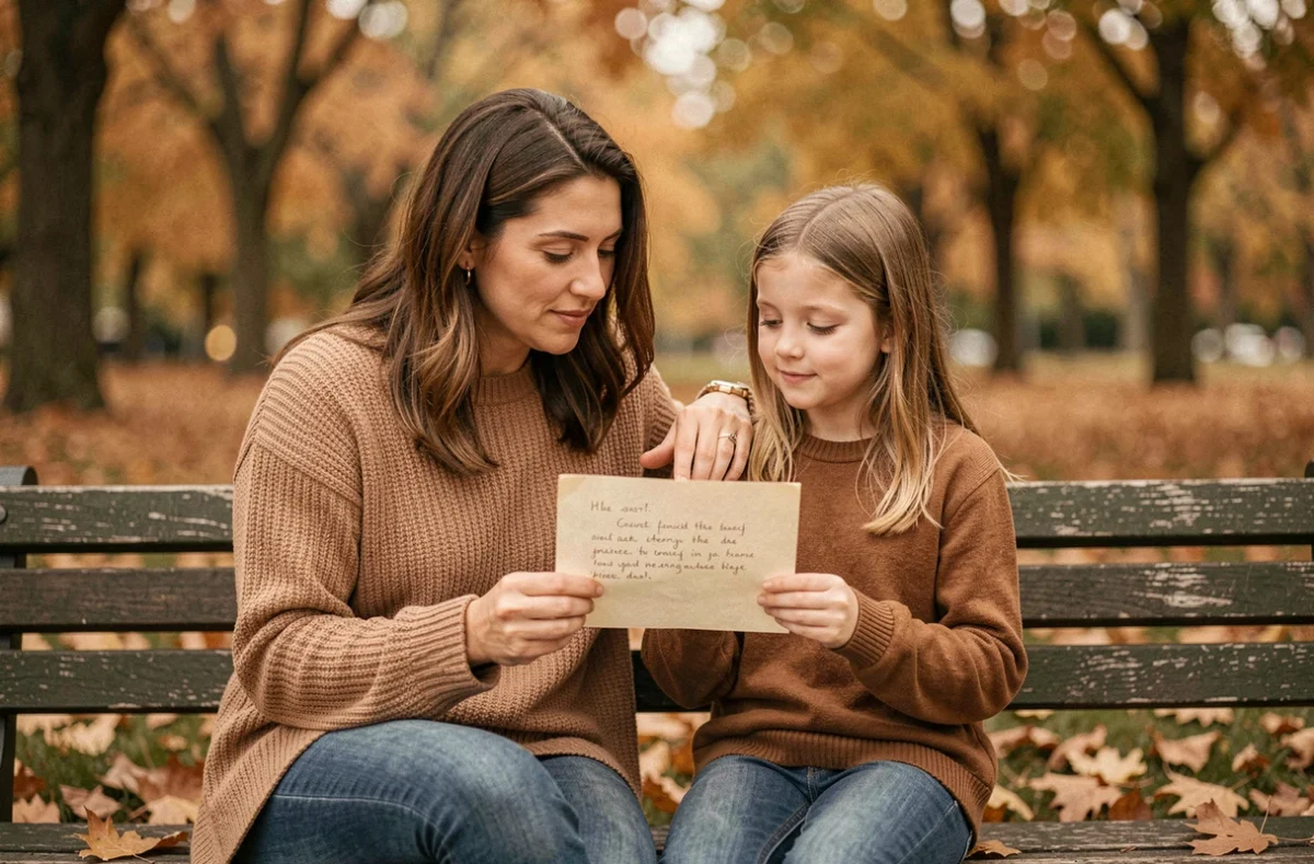 Marraine et filleule lisant ensemble une lettre émouvante sur un banc de parc en automne