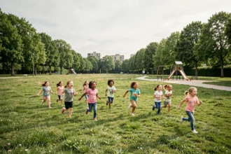Enfants jouant dans un grand parc public de Seine-Saint-Denis, illustration du classement des meilleurs parcs de loisirs de la région