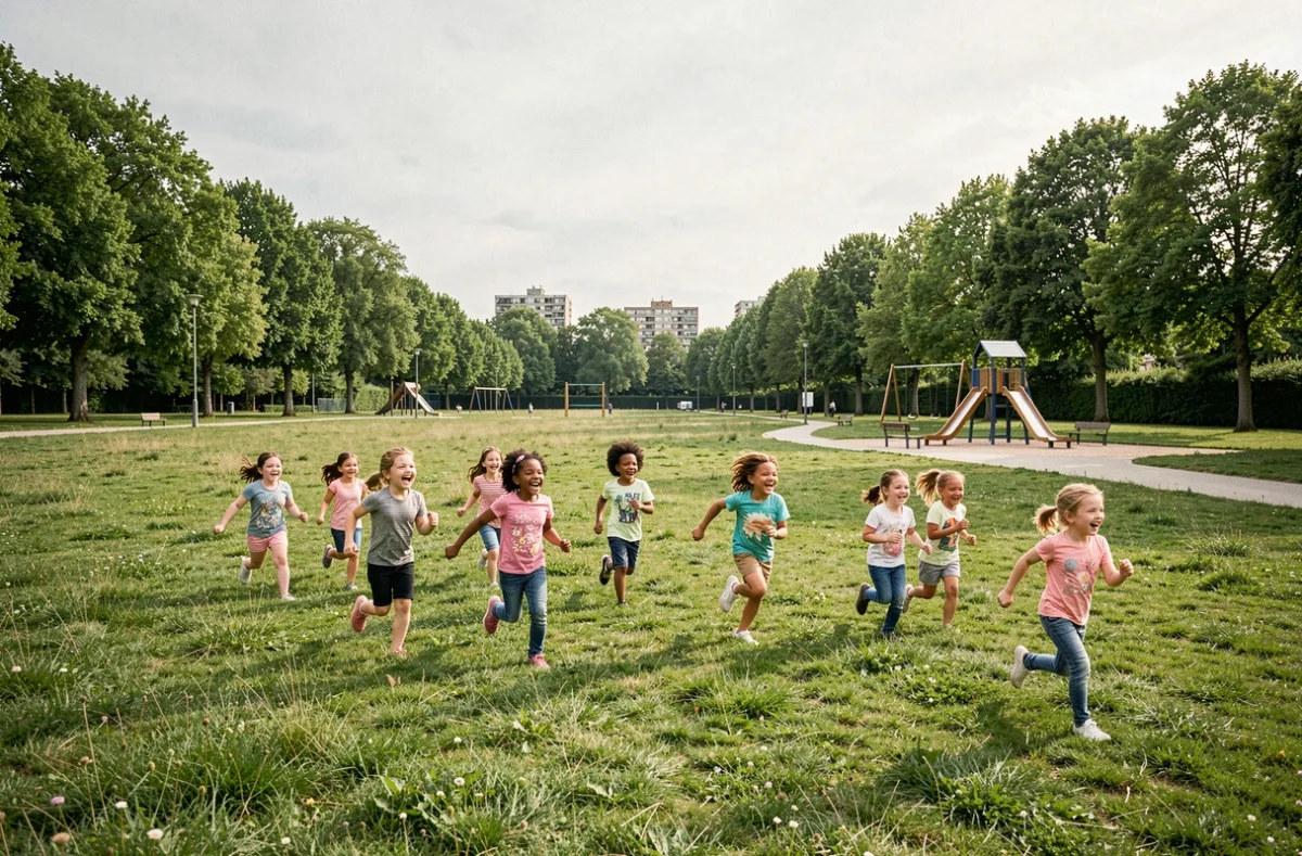 Enfants jouant dans un grand parc public de Seine-Saint-Denis, illustration du classement des meilleurs parcs de loisirs de la région