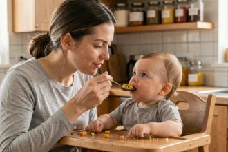 Maman nourrissant son bébé avec une purée de légumes maison dans une cuisine chaleureuse
