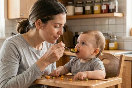 Maman nourrissant son bébé avec une purée de légumes maison dans une cuisine chaleureuse
