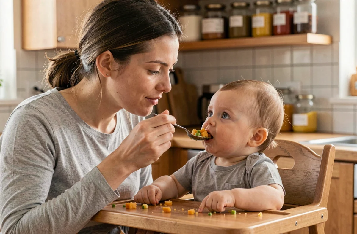 Maman nourrissant son bébé avec une purée de légumes maison dans une cuisine chaleureuse