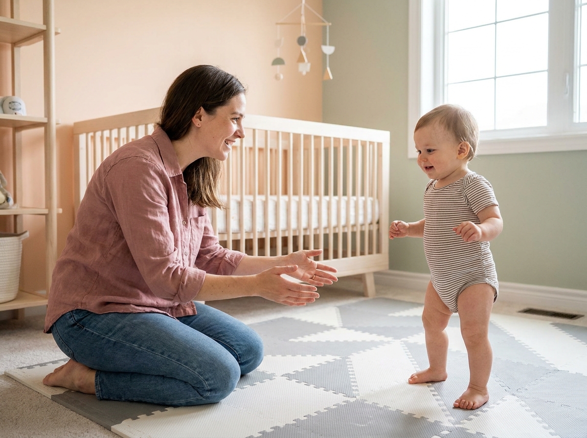 Mère encourageant son bébé à faire ses premiers pas sur un tapis d'éveil dans une chambre d'enfant minimaliste, contact visuel entre eux