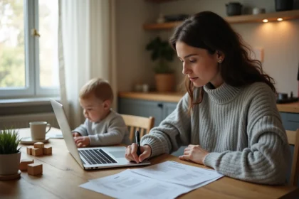 Mère célibataire consultant une simulation de congés parental CAF sur son ordinateur portable à la cuisine, son enfant jouant en arrière-plan