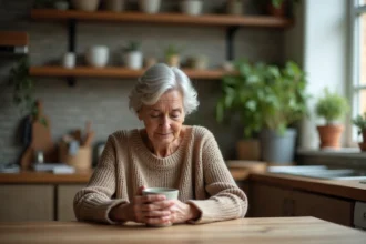 Femme d'une cinquantaine d'années assise seule à une table de cuisine, tenant une tasse, l'air pensif et mélancolique, illustrant la déception parentale