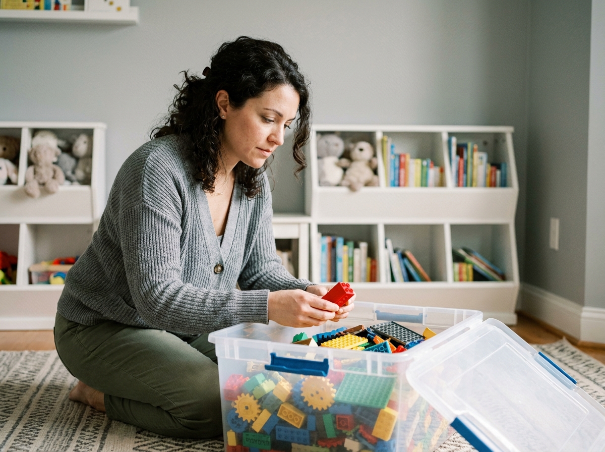 Mère qui trie et range des pièces de jeux de construction évolutifs modulaires dans une salle de jeux organisée