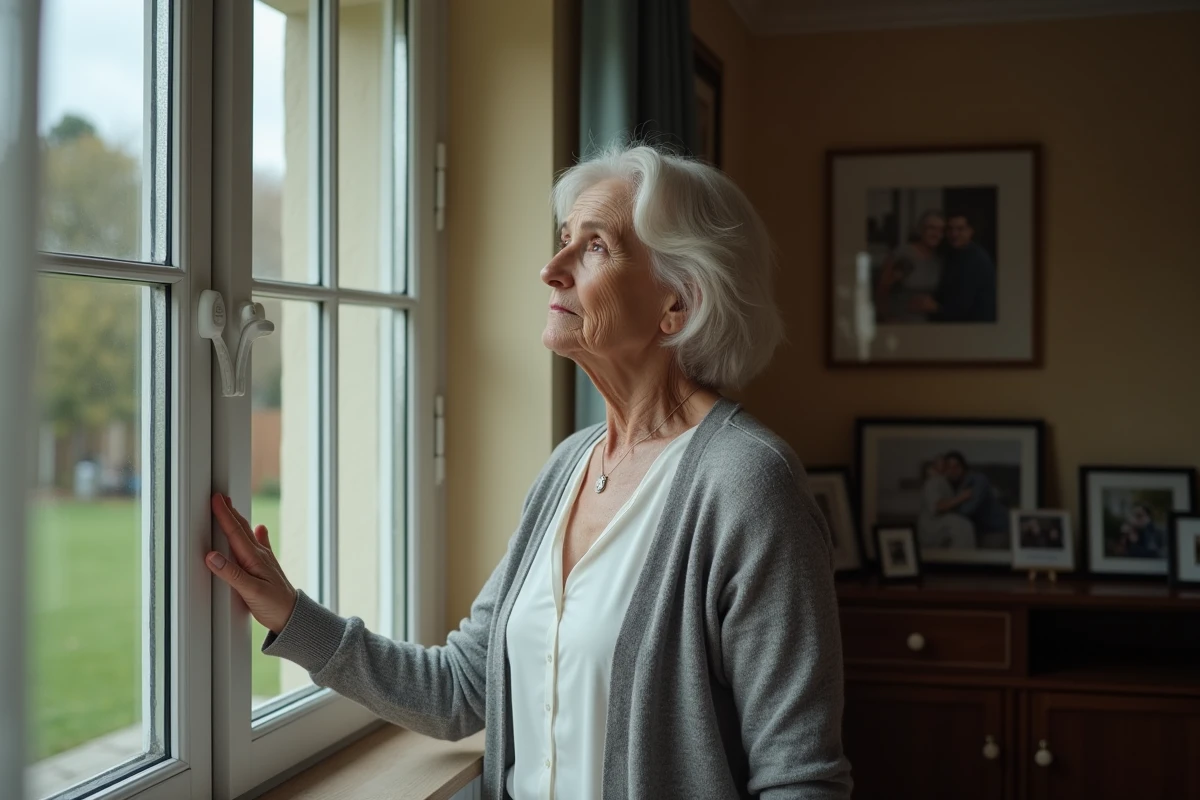 Femme âgée debout près d'une fenêtre, regard perdu au loin, illustrant la tristesse et la déception d'une mère face à sa fille adulte