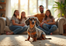 Merle dachshund dans un salon chaleureux avec famille