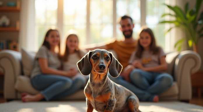 Merle dachshund dans un salon chaleureux avec famille
