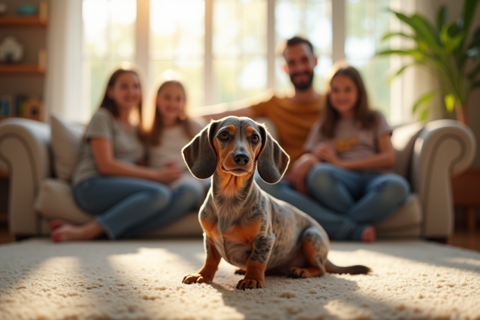merle-dachshund-famille-salon Merle dachshund dans un salon chaleureux avec famille