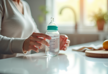 Mains de maman mesurant de l'eau dans un biberon bébé