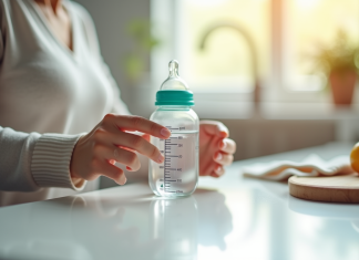 Préparer le biberon parfait : la conversion de 250 cl en ml Mains de maman mesurant de l'eau dans un biberon bébé