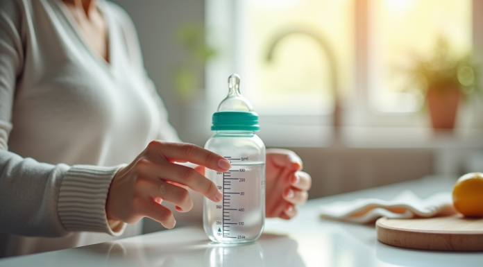 Mains de maman mesurant de l'eau dans un biberon bébé
