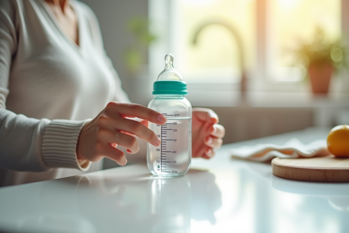 mesure-eau-biberon-bebe Mains de maman mesurant de l'eau dans un biberon bébé