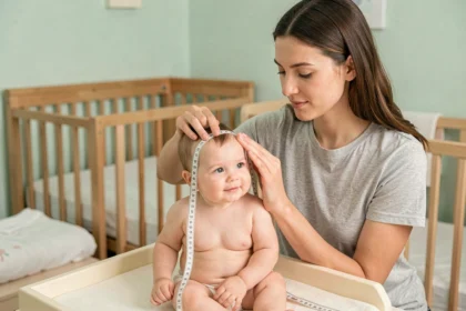 Maman mesurant le tour de tête de son bébé de 9 mois avec un mètre ruban souple dans une chambre de bébé
