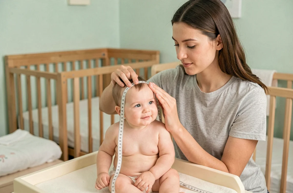 Maman mesurant le tour de tête de son bébé de 9 mois avec un mètre ruban souple dans une chambre de bébé
