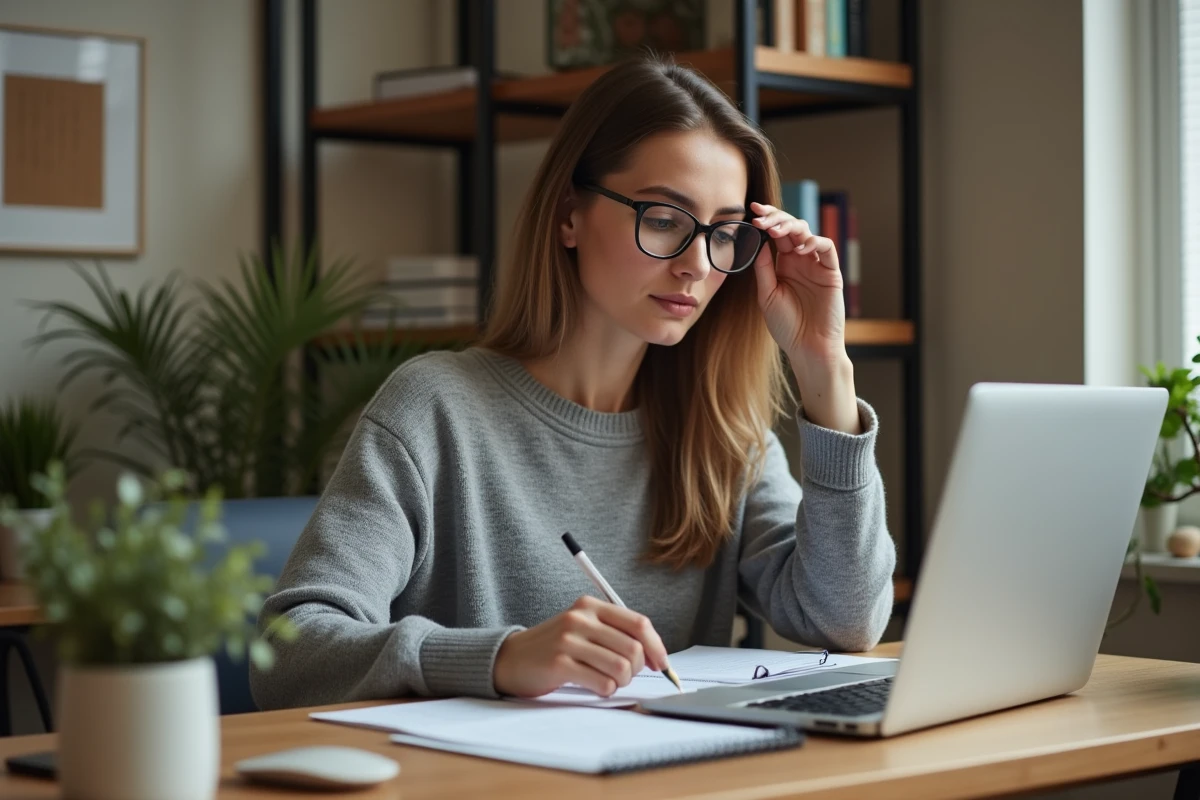 Femme mettant à jour sa situation sur le site de la CAF depuis son bureau à domicile