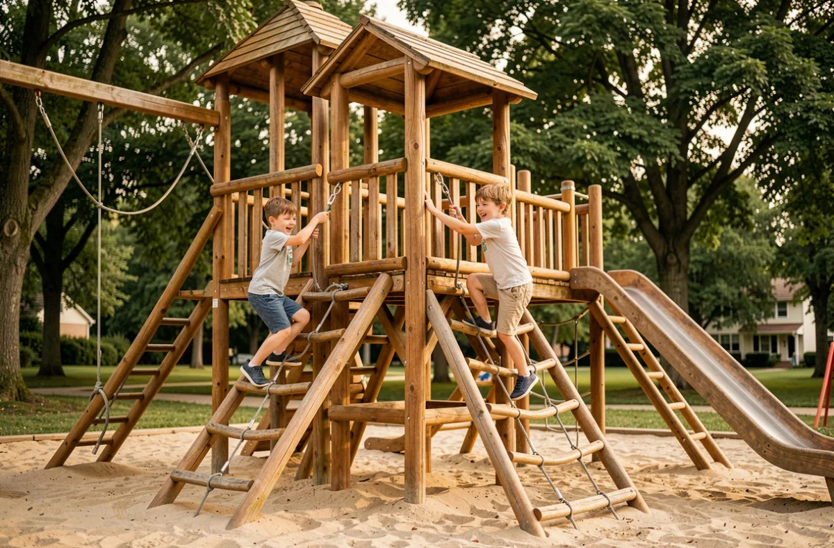 Enfants grimpant sur une structure de jeux en bois au parc Nikito Sainte-Geneviève