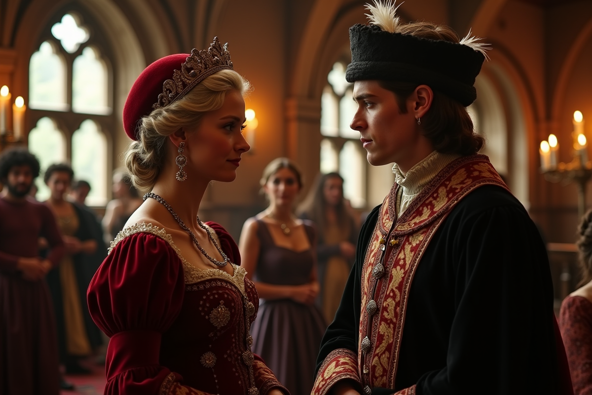 Noble et troubadour discutant dans la salle du château