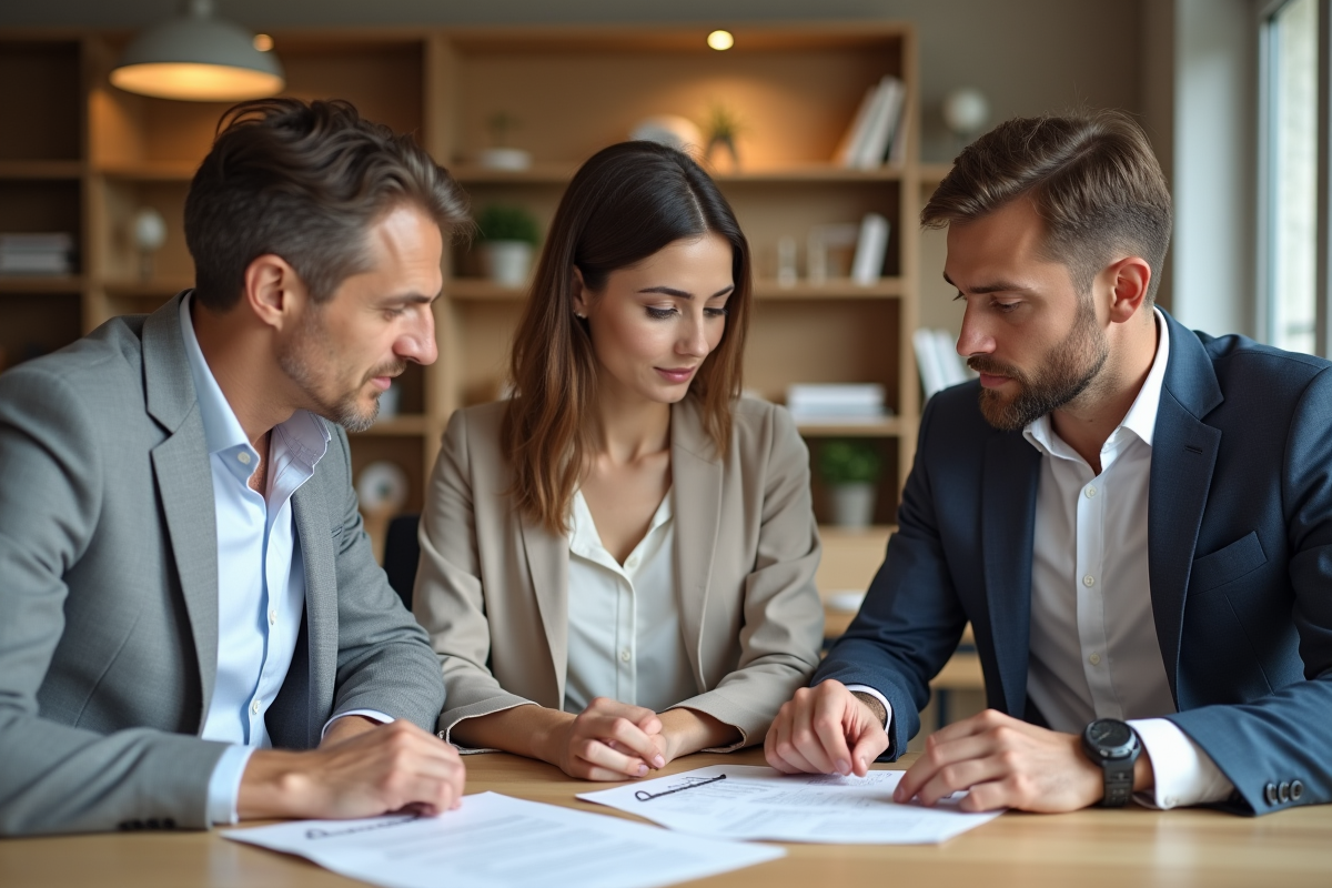 Jeune notaire guidant un couple pour un formulaire de naissance