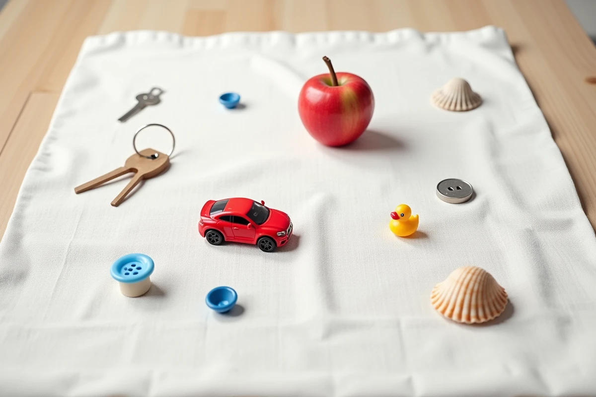Vue de dessus d'une collection d'objets du quotidien en miniature posés sur un tissu en lin blanc pour le jeu Kim en orthophonie