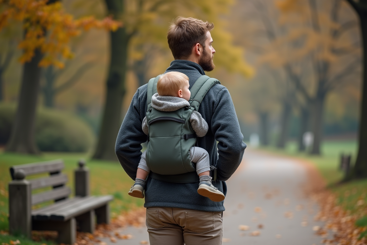 Père portant enfant dans un porte-bébé lors d