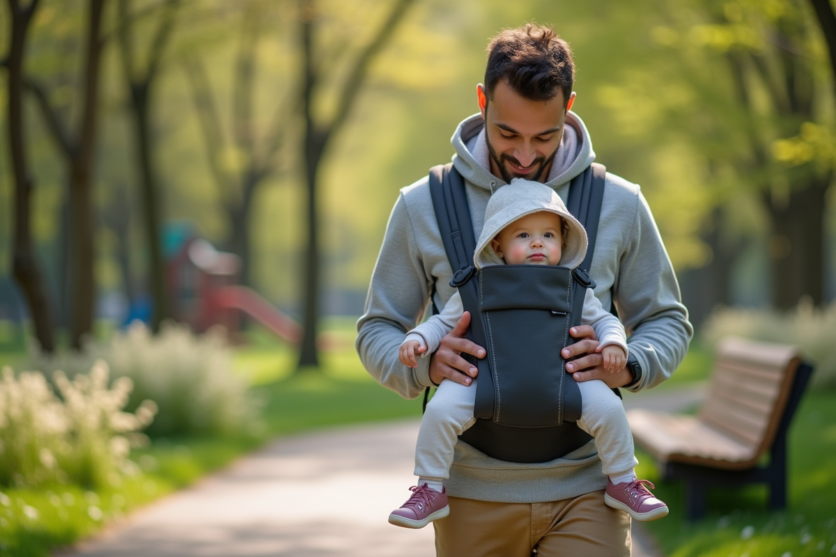 Père portant son bébé dans un parc avec fleurs printanières