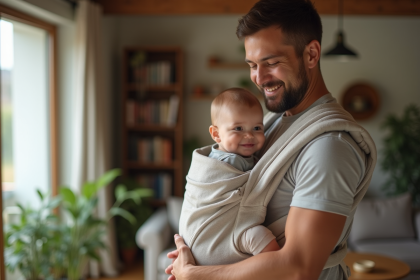 Jeune père portant son bébé dans un porte-bébé confortable