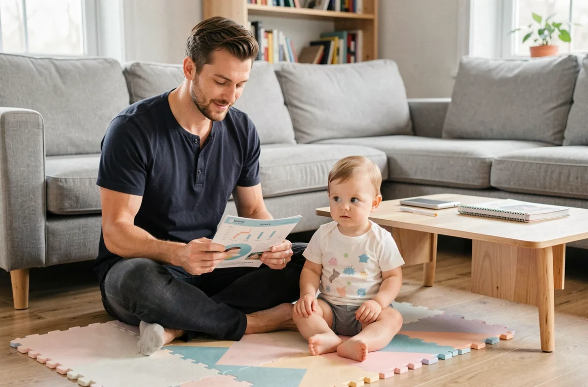 Papa consultant le carnet de santé de son bébé de 9 mois pour suivre le tour de tête et la croissance