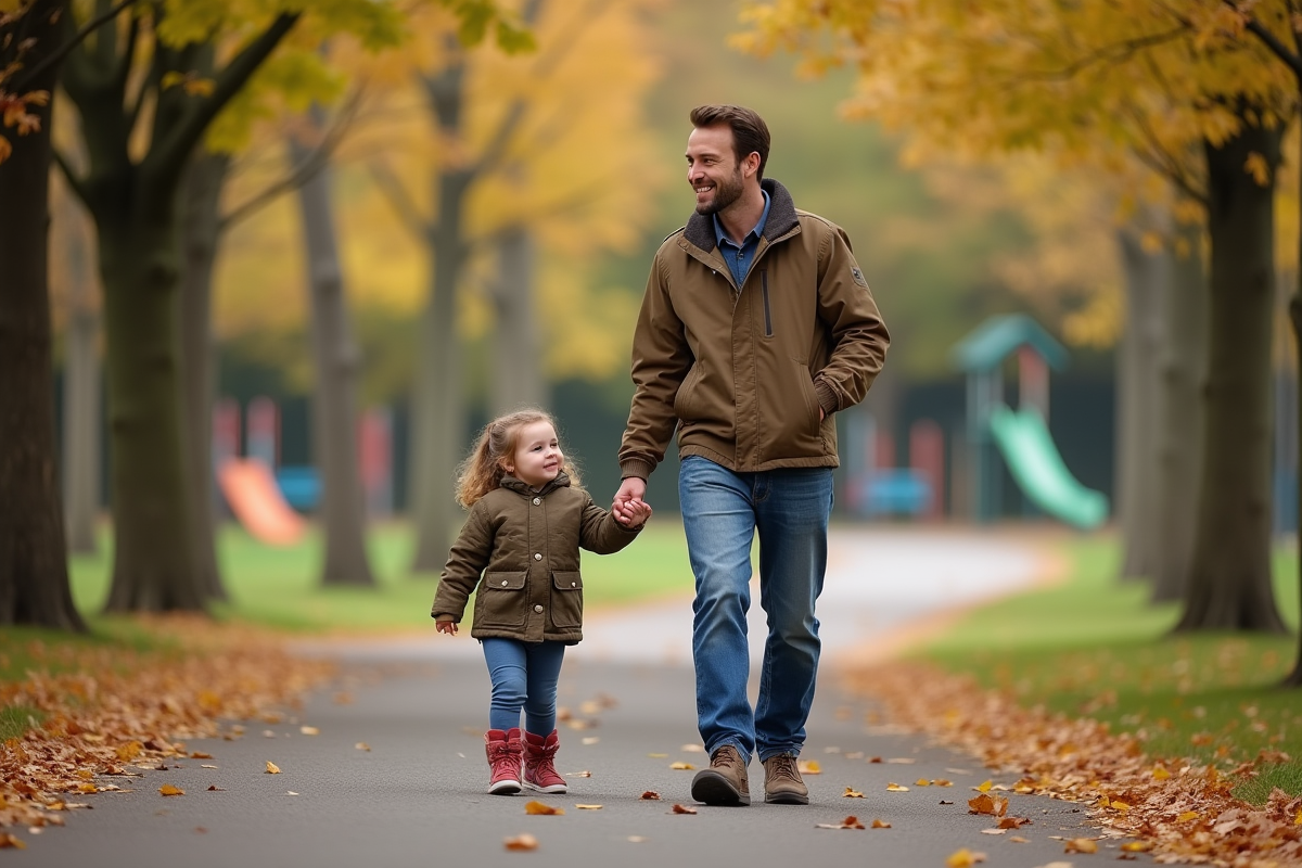 Père et fille marchant dans un parc en automne
