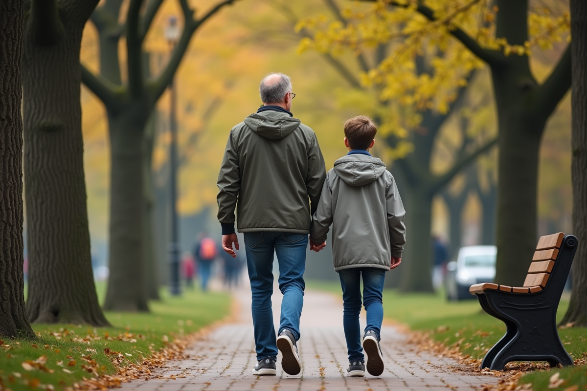 Pere et fils se promènent dans un parc urbain ensoleille