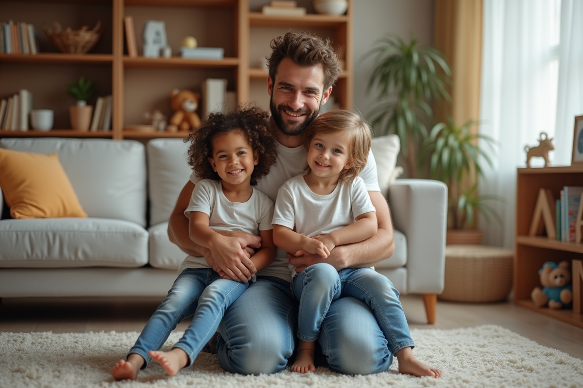 Père jeune jouant avec ses enfants dans un salon familial chaleureux