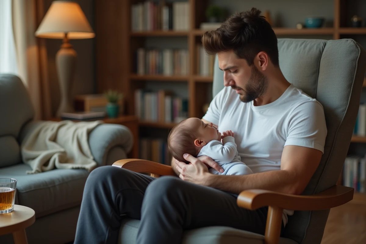 Papa fatigué assis dans un rocking chair tenant son nourrisson endormi dans les bras en pleine nuit