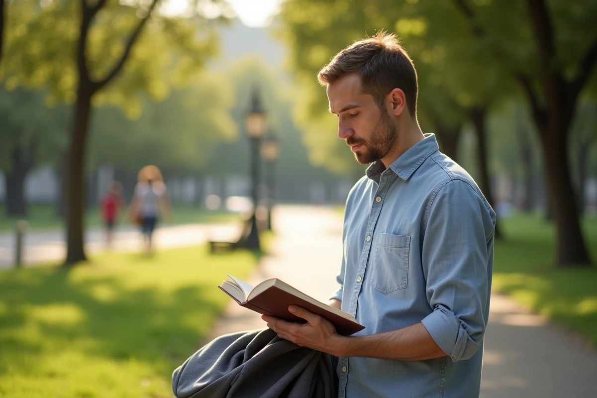 Père réfléchissant dans un parc lisant un livre sur les noms de bébé