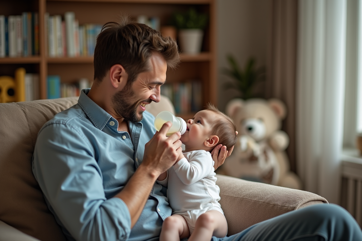 Père donnant le biberon à son bébé dans le salon