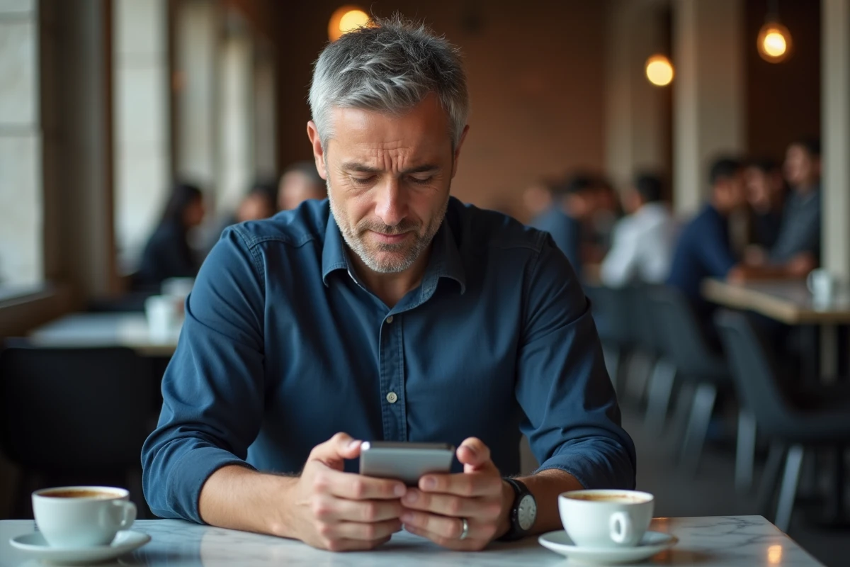 Homme vérifiant les paramètres de confidentialité d'une application de liste de souhaits sur smartphone dans un café urbain
