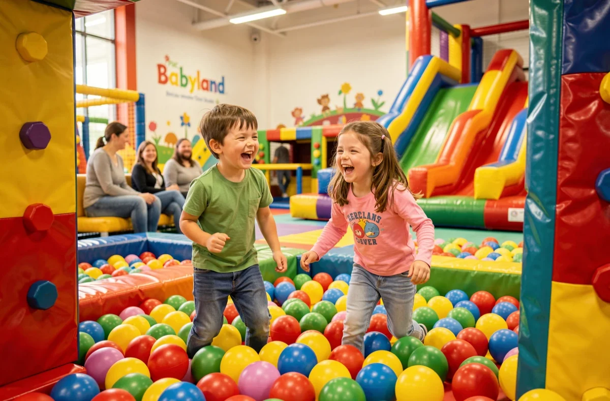 Jeunes enfants jouant dans la zone de jeux colorée du Parc Babyland à Roissy-en-France