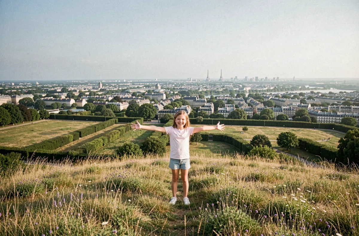 Une fillette au sommet de la colline du Parc des Coteaux d'Avron à Neuilly-Plaisance avec une vue panoramique sur l'Île-de-France