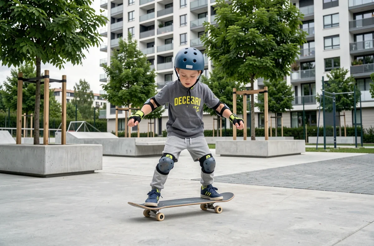 Un garçon faisant du skateboard sur la dalle du Parc Decesari à Rosny-sous-Bois avec des immeubles résidentiels en arrière-plan