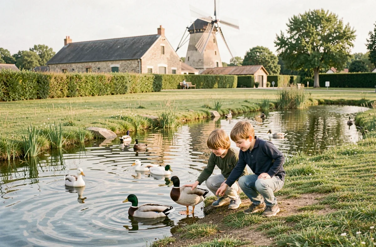 Une famille avec enfants nourrissant les canards au bord de l'étang du Parc départemental du Sausset à Villepinte avec un moulin en arrière-plan